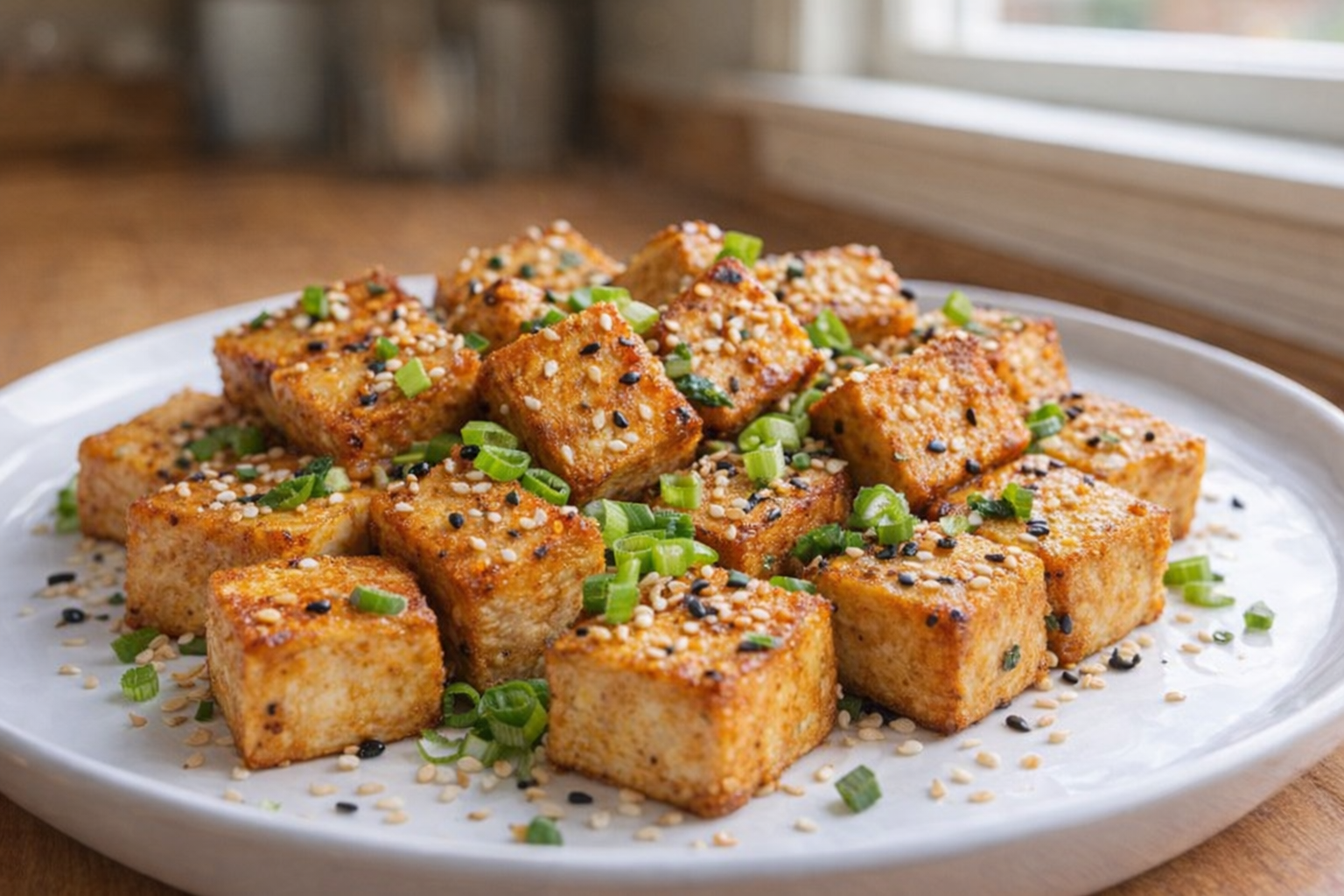 A close-up shot of golden brown, crispy baked tofu cubes arranged on a white plate, with a sprinkle of sesame seeds and chopped scallions. Shot with bright, natural light from a window
